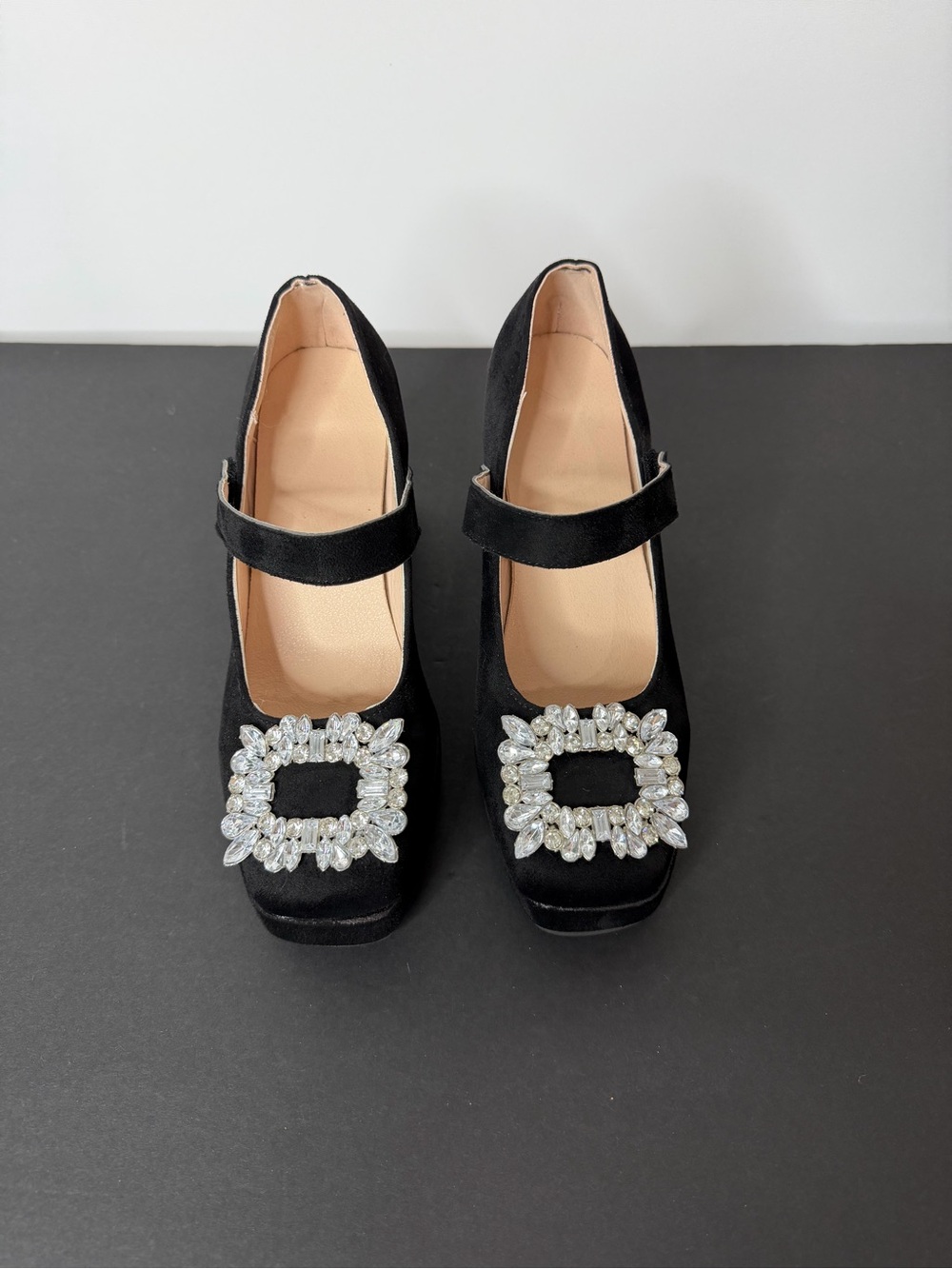 Black Velvet Mary Jane Heels with Crystal Buckle